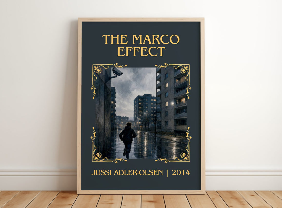 The Marco Effect Classic Book Art Print by Jussi Adler-Olsen – framed print leaning on a wooden floor