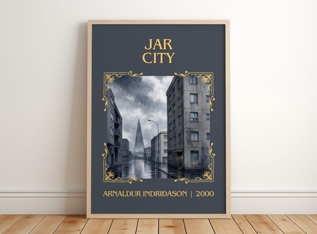 Jar City Classic Book Art Print by Arnaldur Indriðason – framed print leaning on a wooden floor