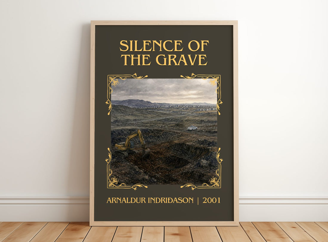 Silence of the Grave Classic Book Art Print by Arnaldur Indriðason – framed print leaning on a wooden floor