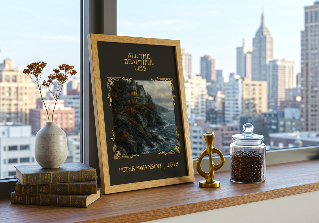 All the Beautiful Lies Classic Book Art Print by Peter Swanson – framed print on a city-view windowsill