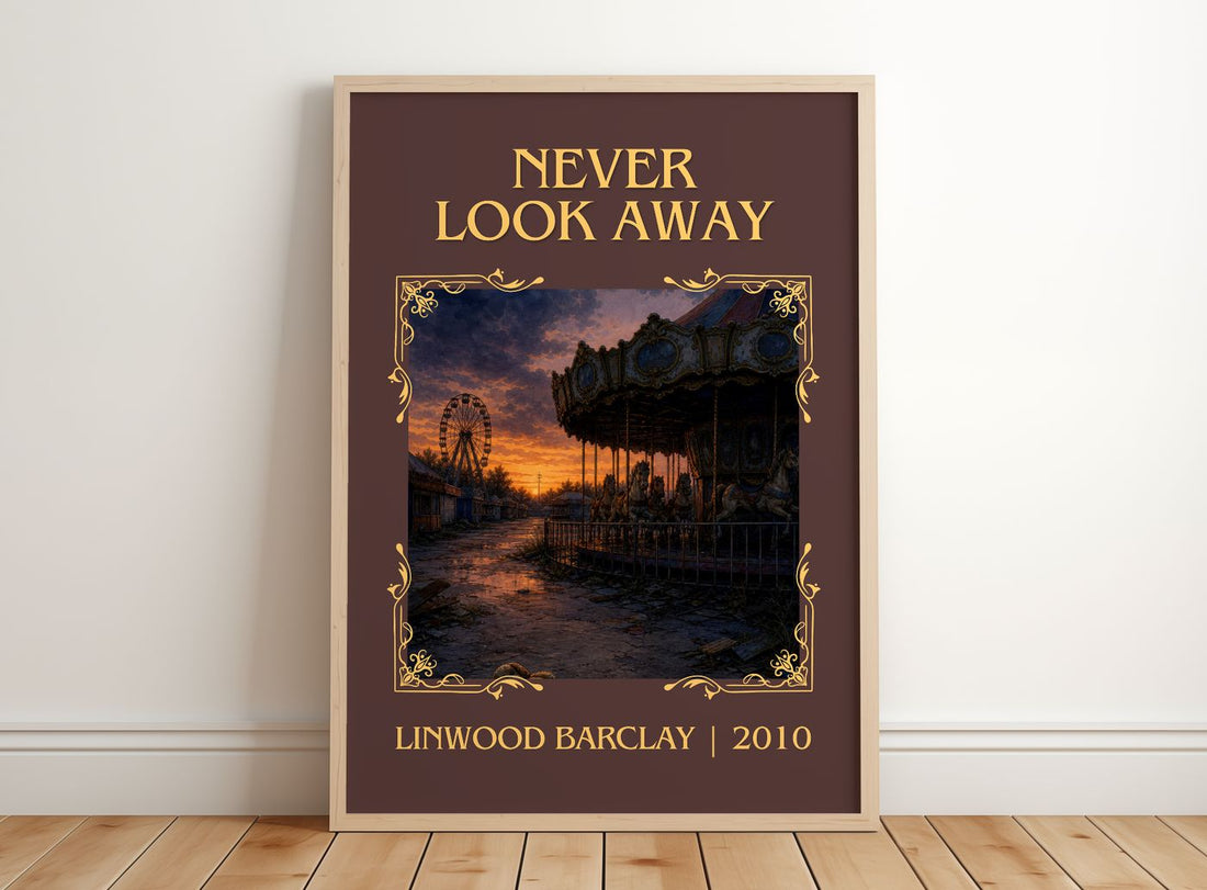 Never Look Away Classic Book Art Print by Linwood Barclay – framed print leaning on a wooden floor