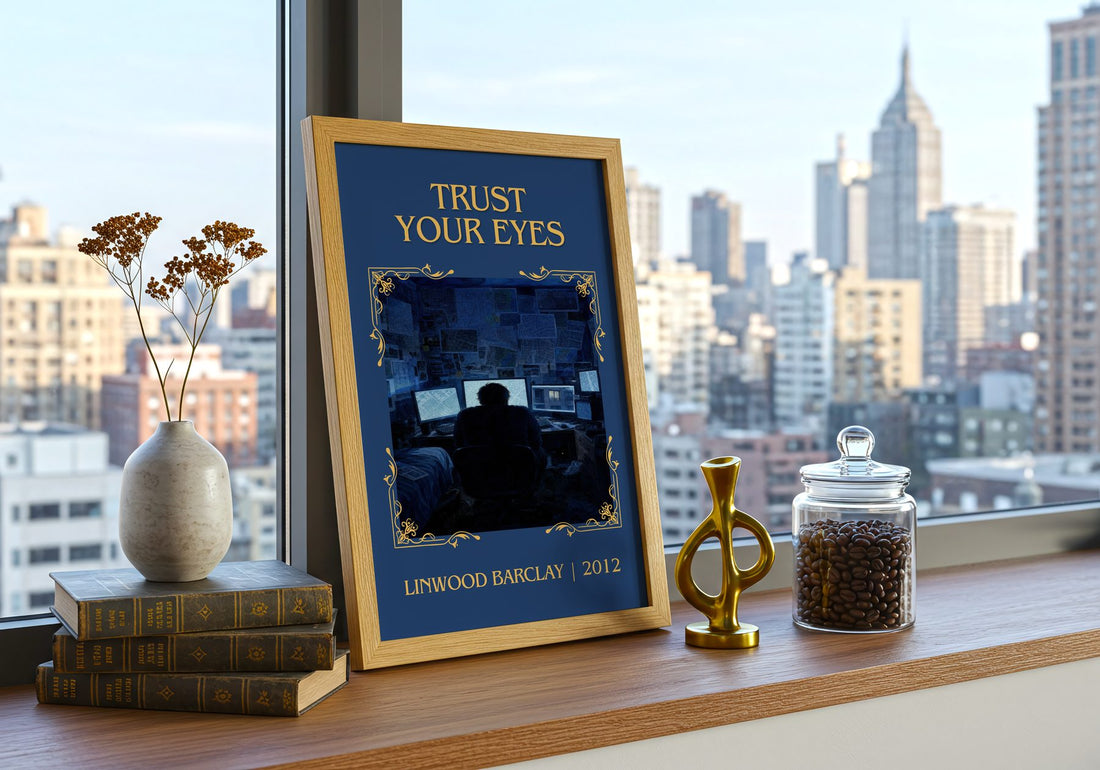 Trust Your Eyes Classic Book Art Print by Linwood Barclay – framed print on a city-view windowsill