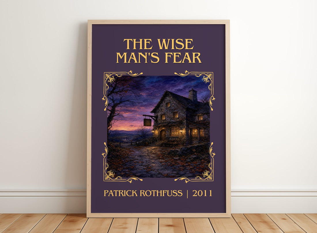 The Wise Man's Fear Classic Book Art Print by Patrick Rothfuss – framed print leaning on a wooden floor