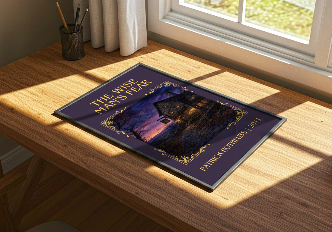 The Wise Man's Fear Classic Book Art Print by Patrick Rothfuss – print on a sunlit desk