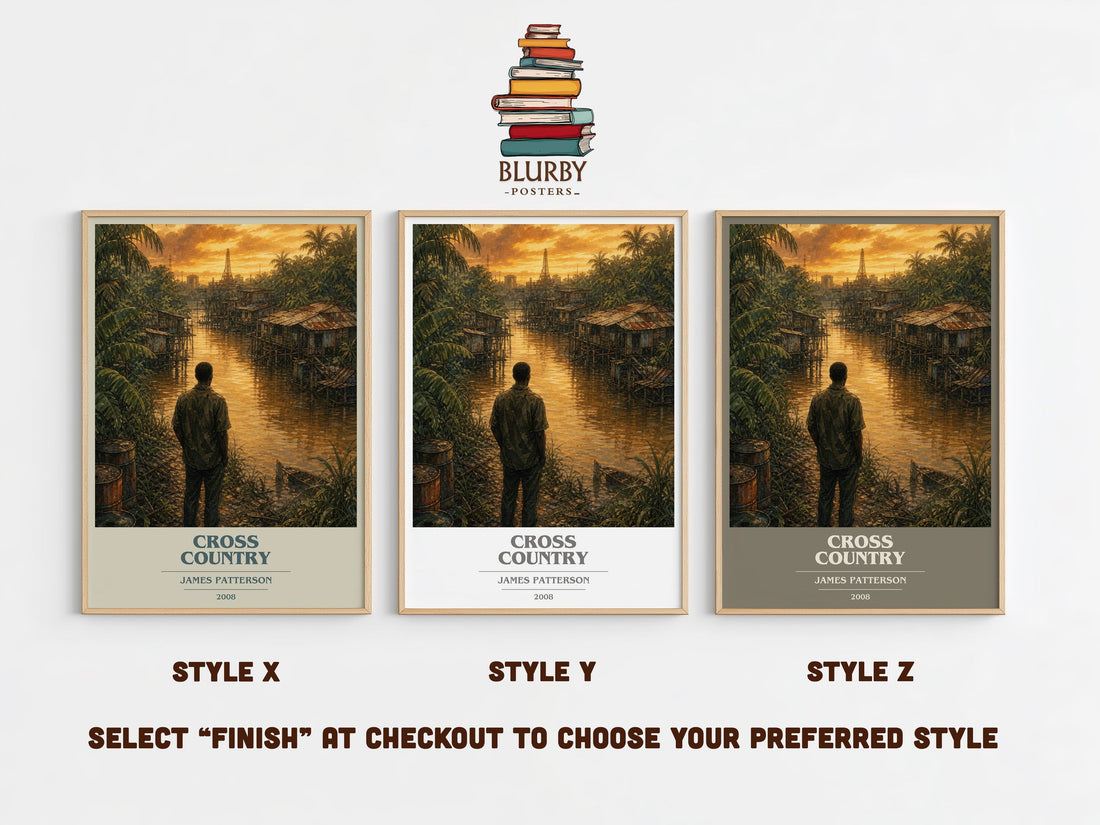 Cross Country book cover print in frame leaning in hallway – thriller wall art (mockup)