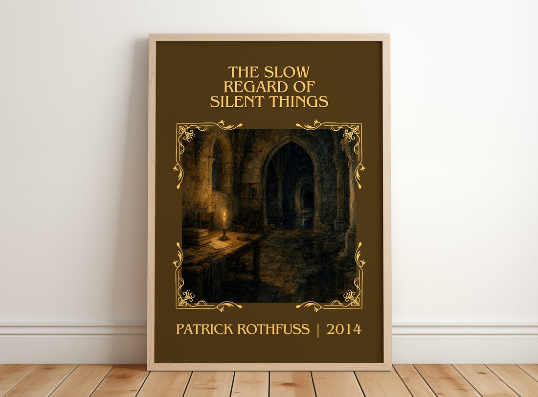 Slow Regard of Silent Things Classic Book Art Print by P. Rothfuss – framed print leaning on a wooden floor