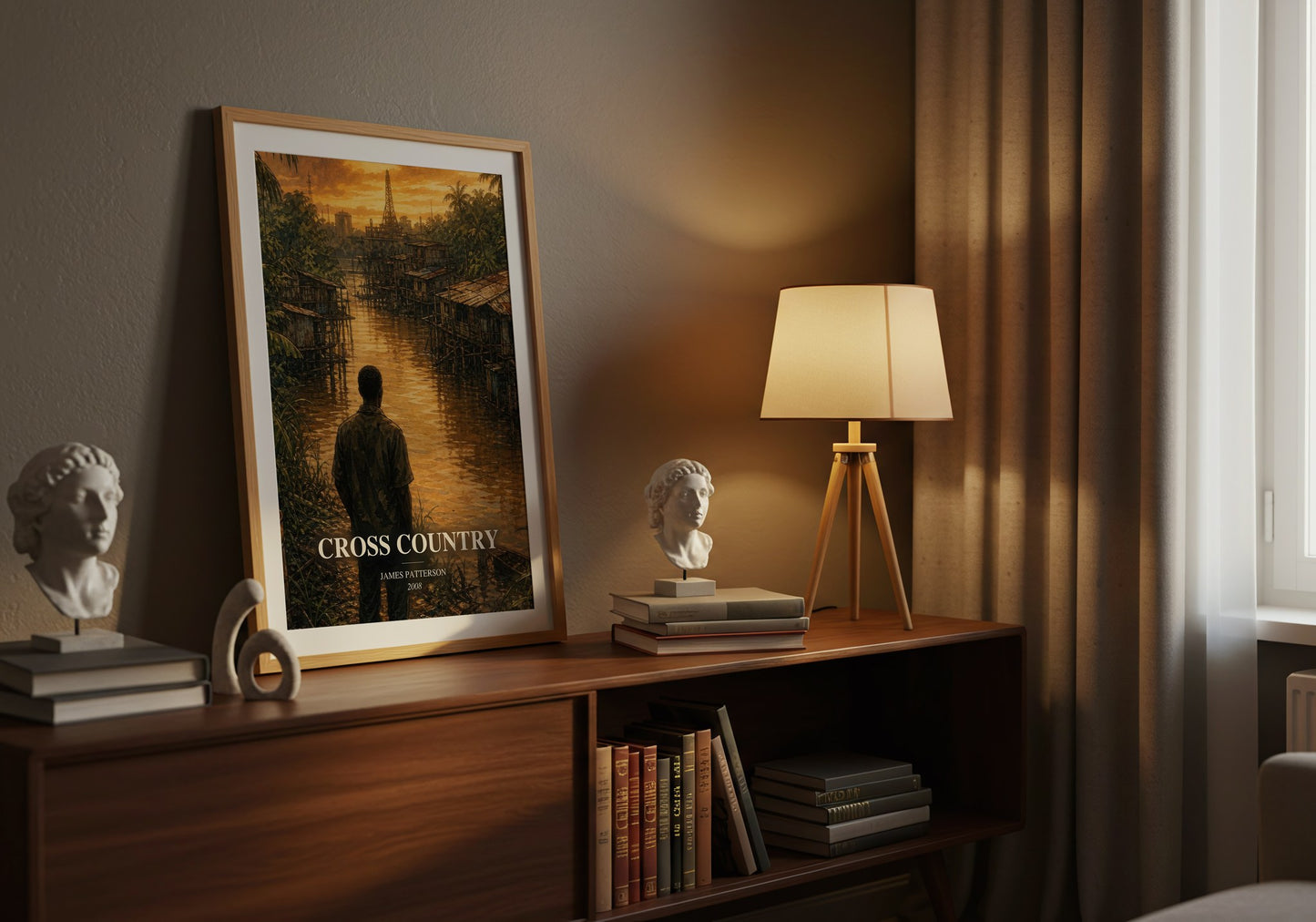 Cross Country watercolour print on bookshelf – James Patterson fan gift