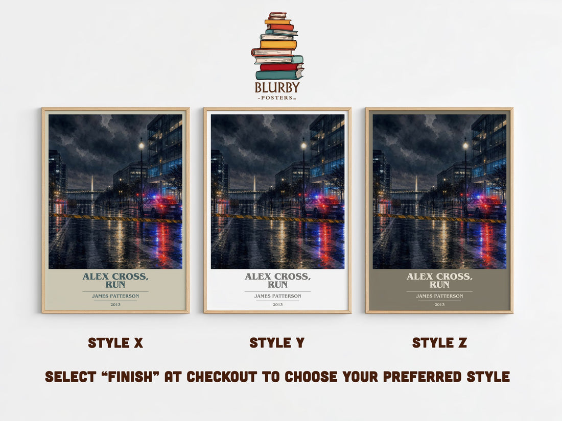 Alex Cross, Run book cover print in frame leaning in hallway – thriller wall art (mockup)
