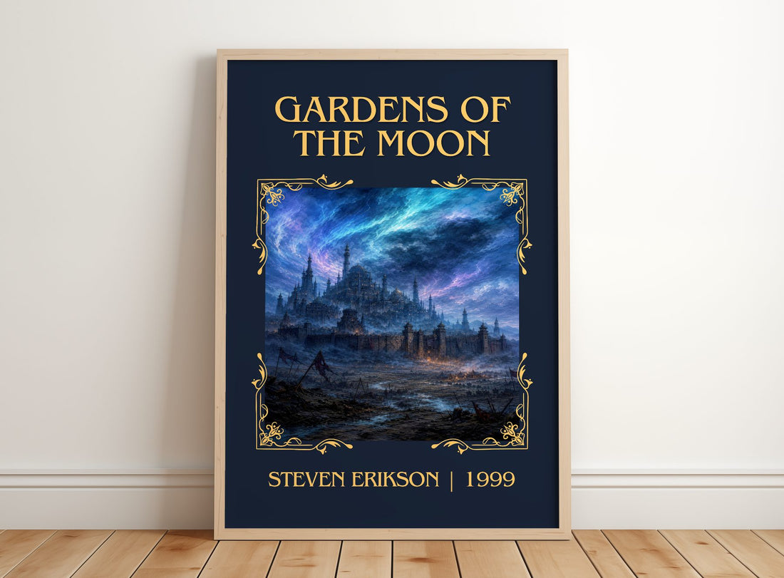 Gardens of the Moon Classic Book Art Print by Steven Erikson – framed print leaning on a wooden floor