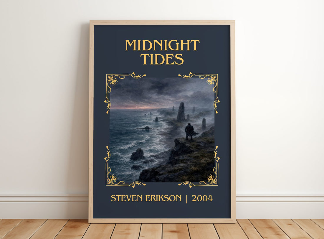 Midnight Tides Classic Book Art Print by Steven Erikson – framed print leaning on a wooden floor