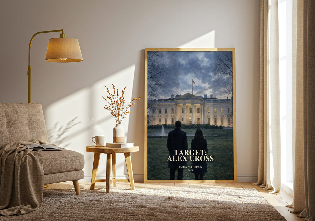 Target: Alex Cross watercolour print in frame leaning in hallway – thriller wall art (mockup)
