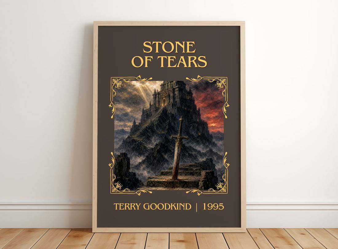 Stone of Tears Classic Book Art Print by Terry Goodkind – framed print leaning on a wooden floor