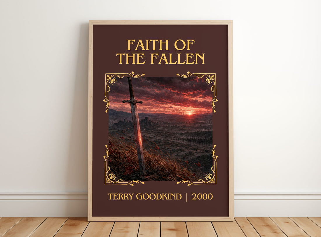 Faith of the Fallen Classic Book Art Print by Terry Goodkind – framed print leaning on a wooden floor