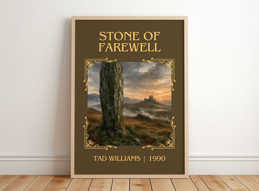 Stone of Farewell Classic Book Art Print by Tad Williams – framed print leaning on a wooden floor