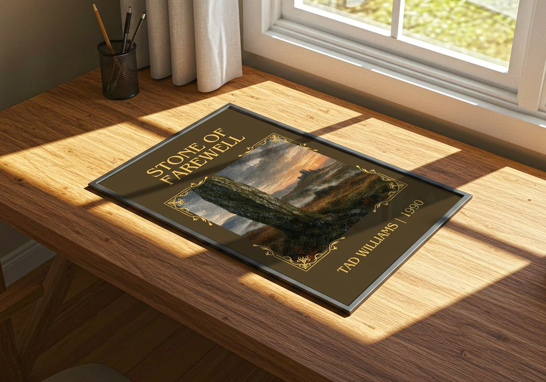 Stone of Farewell Classic Book Art Print by Tad Williams – print on a sunlit desk
