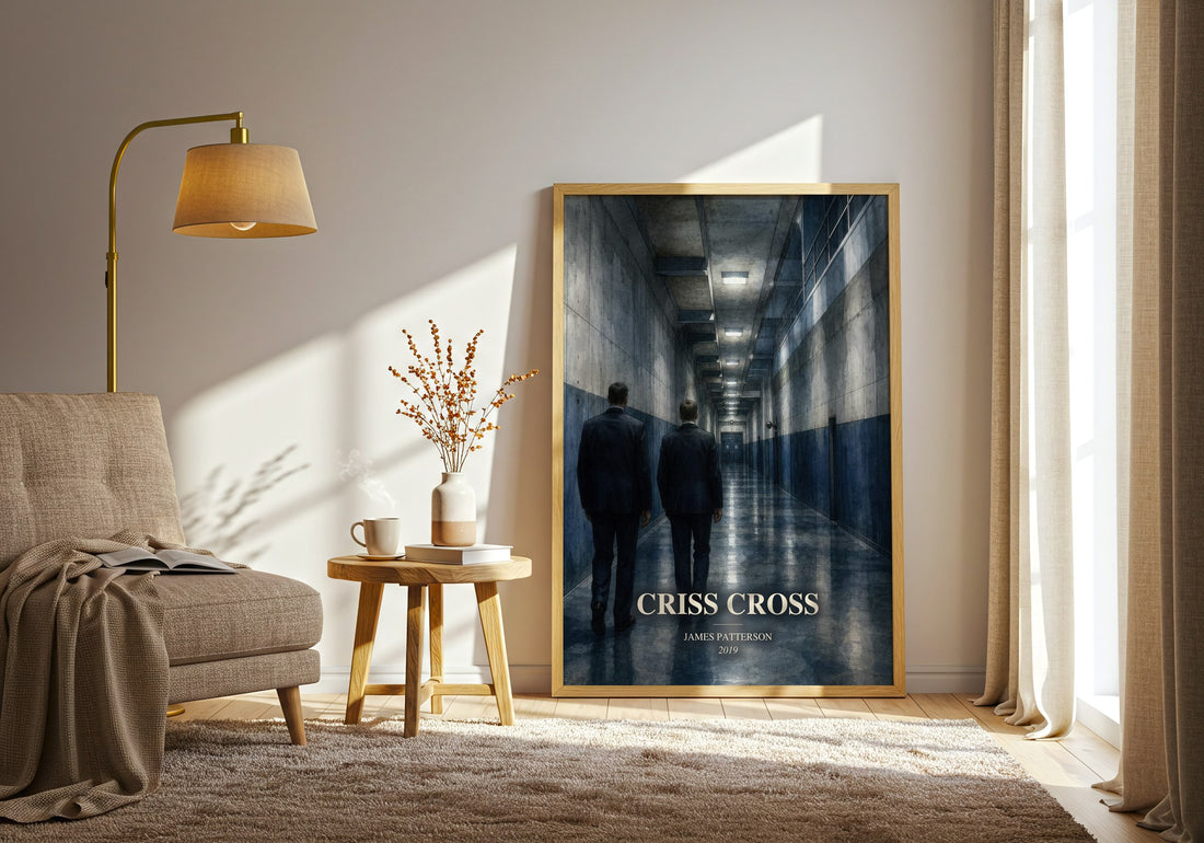 Criss Cross watercolour print in frame leaning in hallway – thriller wall art (mockup)