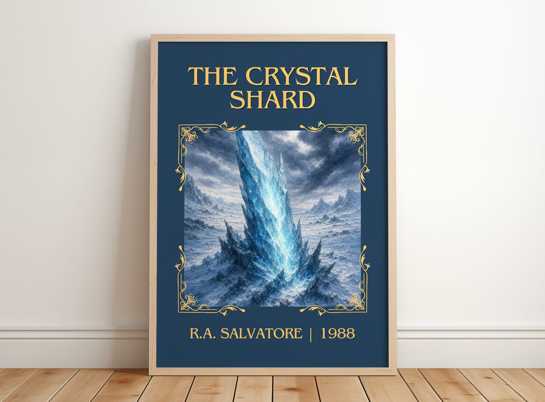 The Crystal Shard Classic Book Art Print by R.A. Salvatore – framed print leaning on a wooden floor