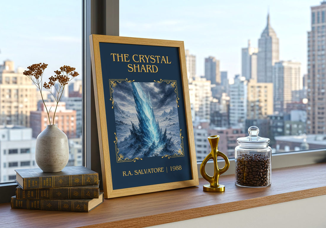 The Crystal Shard Classic Book Art Print by R.A. Salvatore – framed print on a city-view windowsill