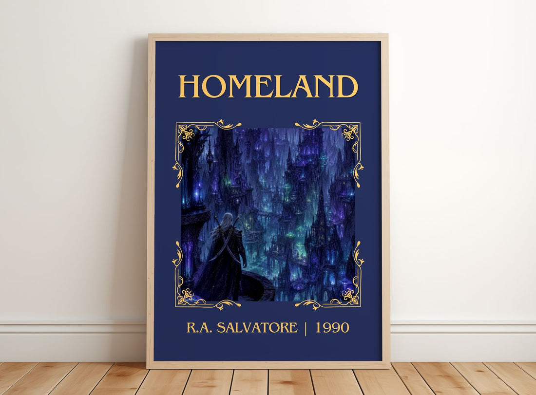 Homeland Classic Book Art Print by R.A. Salvatore – framed print leaning on a wooden floor
