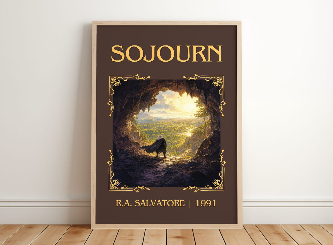 Sojourn Classic Book Art Print by R.A. Salvatore – framed print leaning on a wooden floor