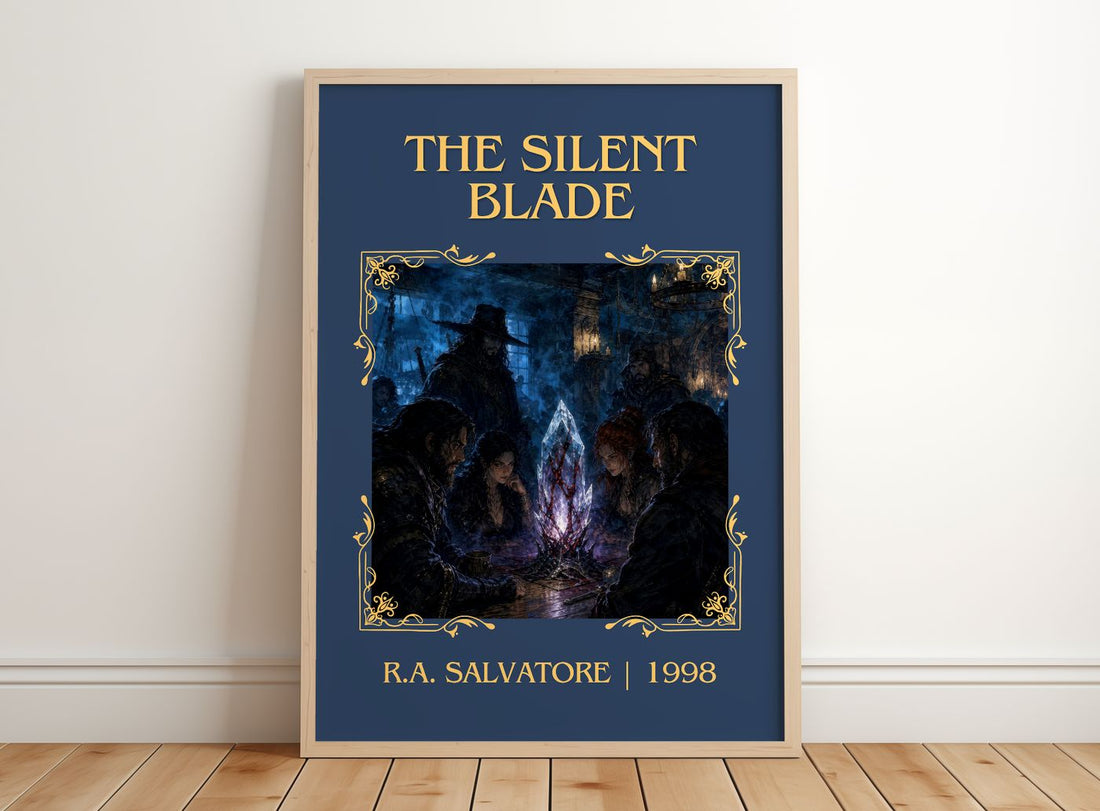 The Silent Blade Classic Book Art Print by R.A. Salvatore – framed print leaning on a wooden floor