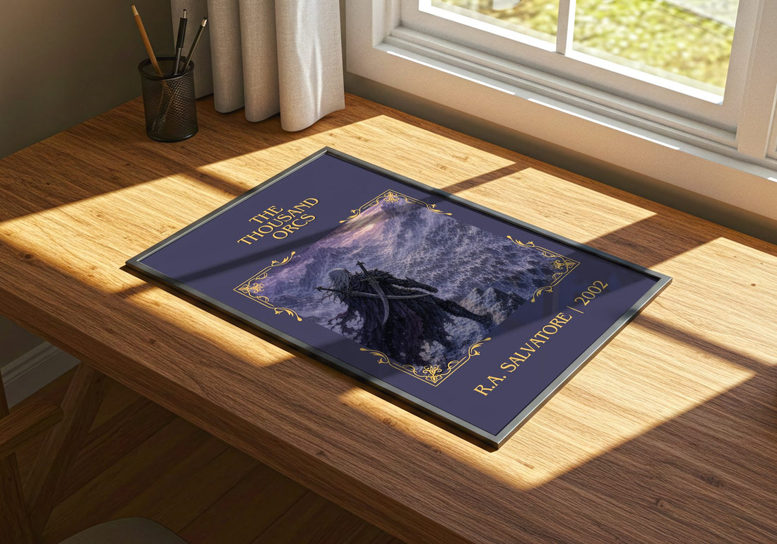The Thousand Orcs Classic Book Art Print by R.A. Salvatore – print on a sunlit desk
