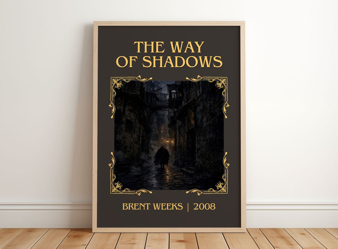 The Way of Shadows Classic Book Art Print by Brent Weeks – framed print leaning on a wooden floor