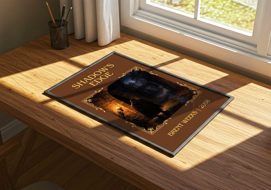 Shadow's Edge Classic Book Art Print by Brent Weeks – print on a sunlit desk