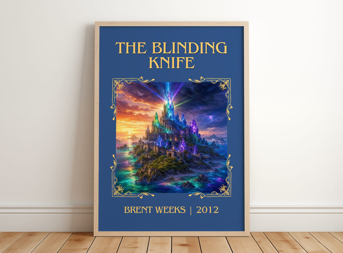 The Blinding Knife Classic Book Art Print by Brent Weeks – framed print leaning on a wooden floor