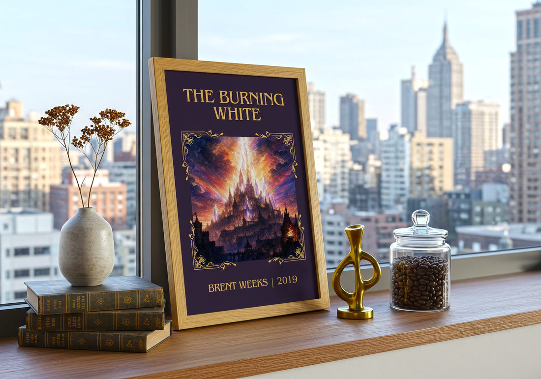 The Burning White Classic Book Art Print by Brent Weeks – framed print on a city-view windowsill