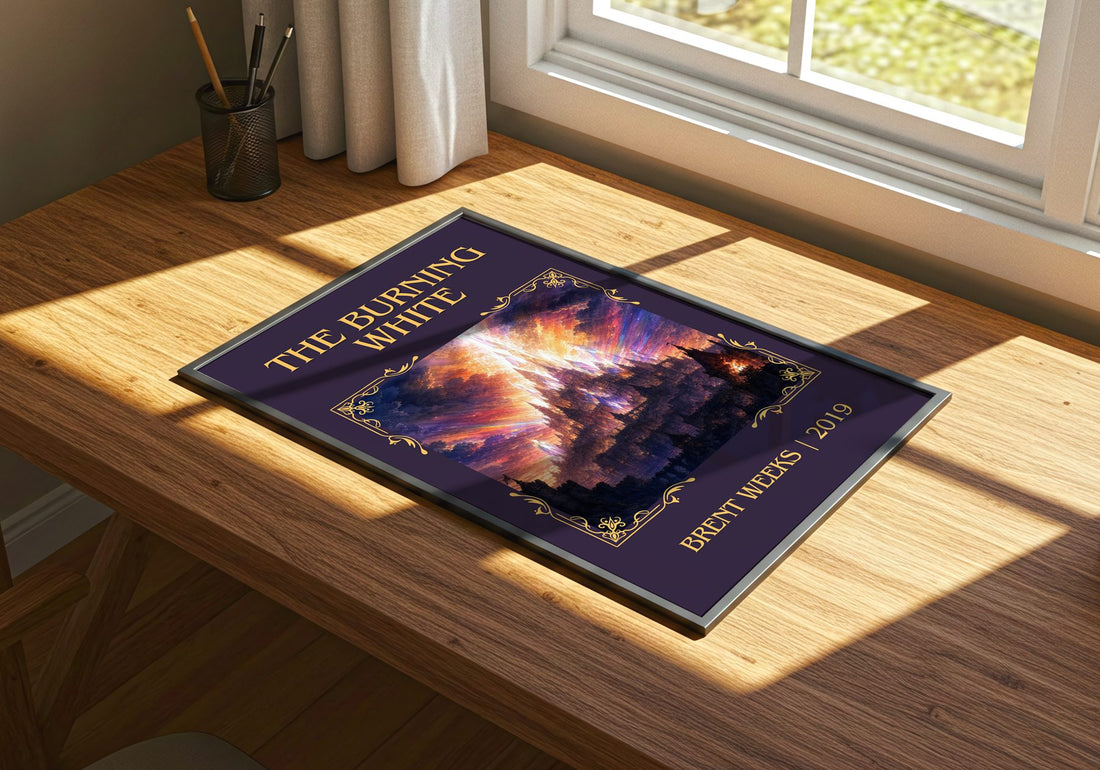The Burning White Classic Book Art Print by Brent Weeks – print on a sunlit desk