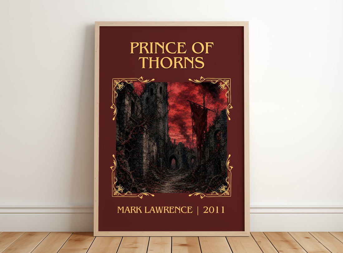 Prince of Thorns Classic Book Art Print by Mark Lawrence – framed print leaning on a wooden floor
