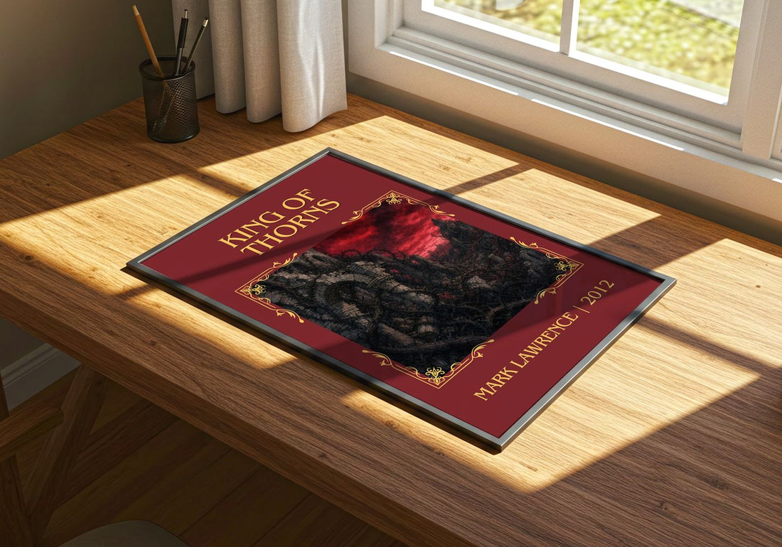 King of Thorns Classic Book Art Print by Mark Lawrence – print on a sunlit desk