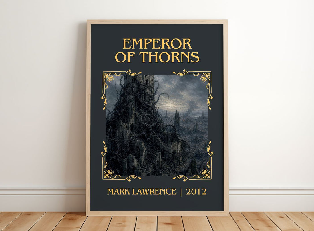 Emperor of Thorns Classic Book Art Print by Mark Lawrence – framed print leaning on a wooden floor