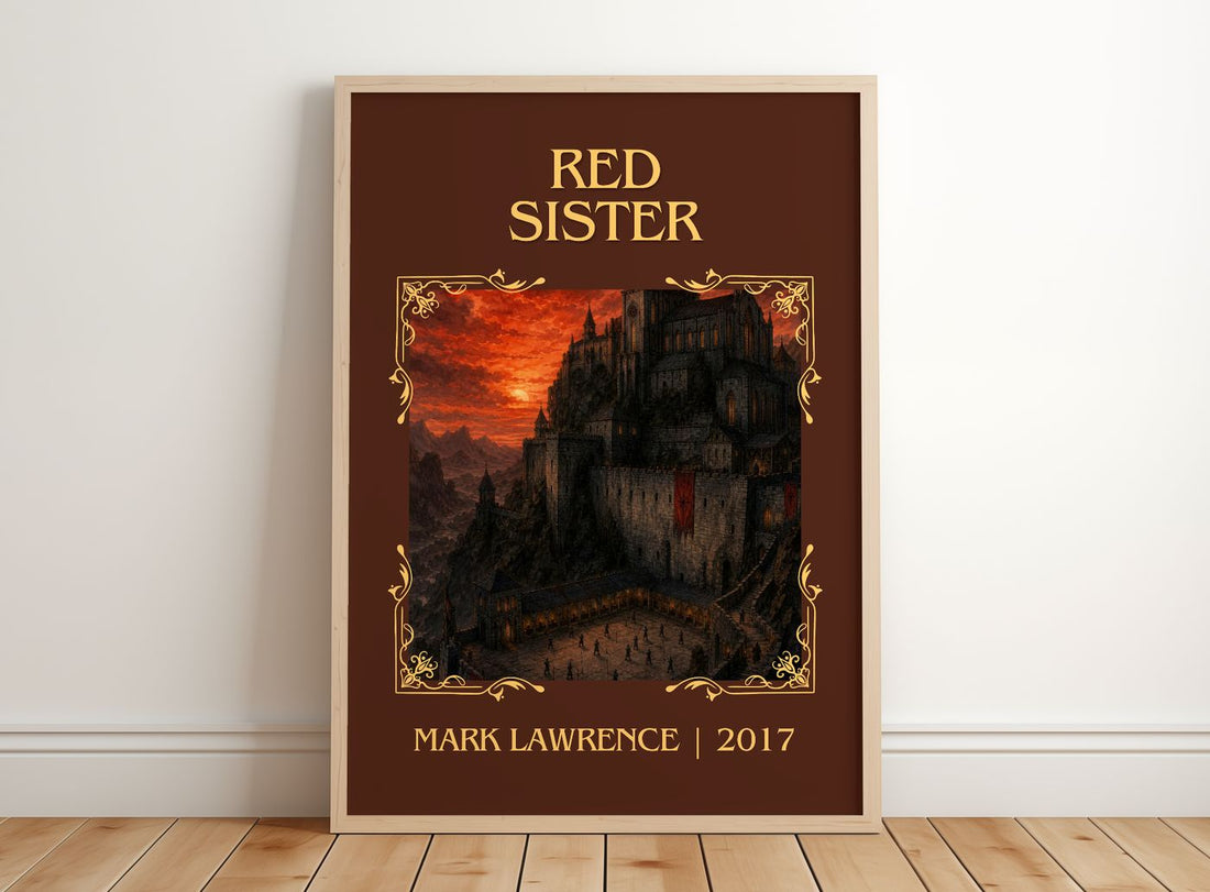 Red Sister Classic Book Art Print by Mark Lawrence – framed print leaning on a wooden floor