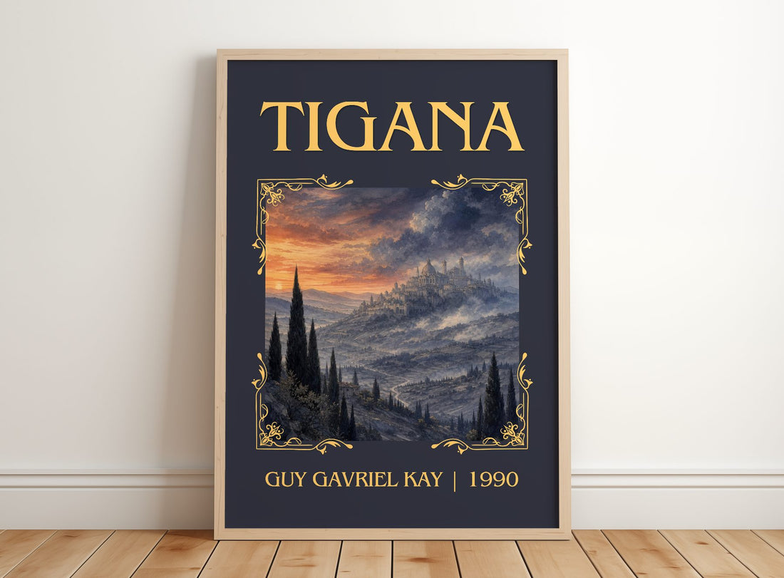 Tigana Classic Book Art Print by Guy Gavriel Kay – framed print leaning on a wooden floor