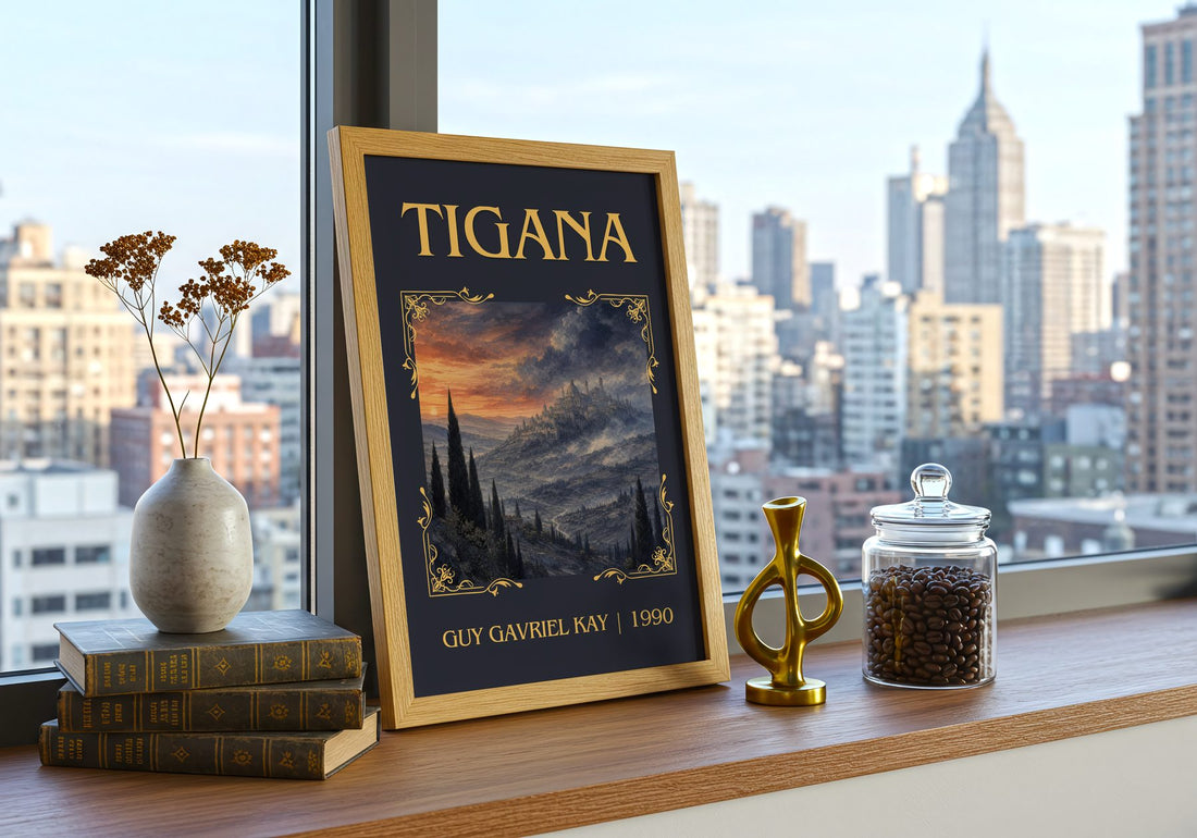 Tigana Classic Book Art Print by Guy Gavriel Kay – framed print on a city-view windowsill