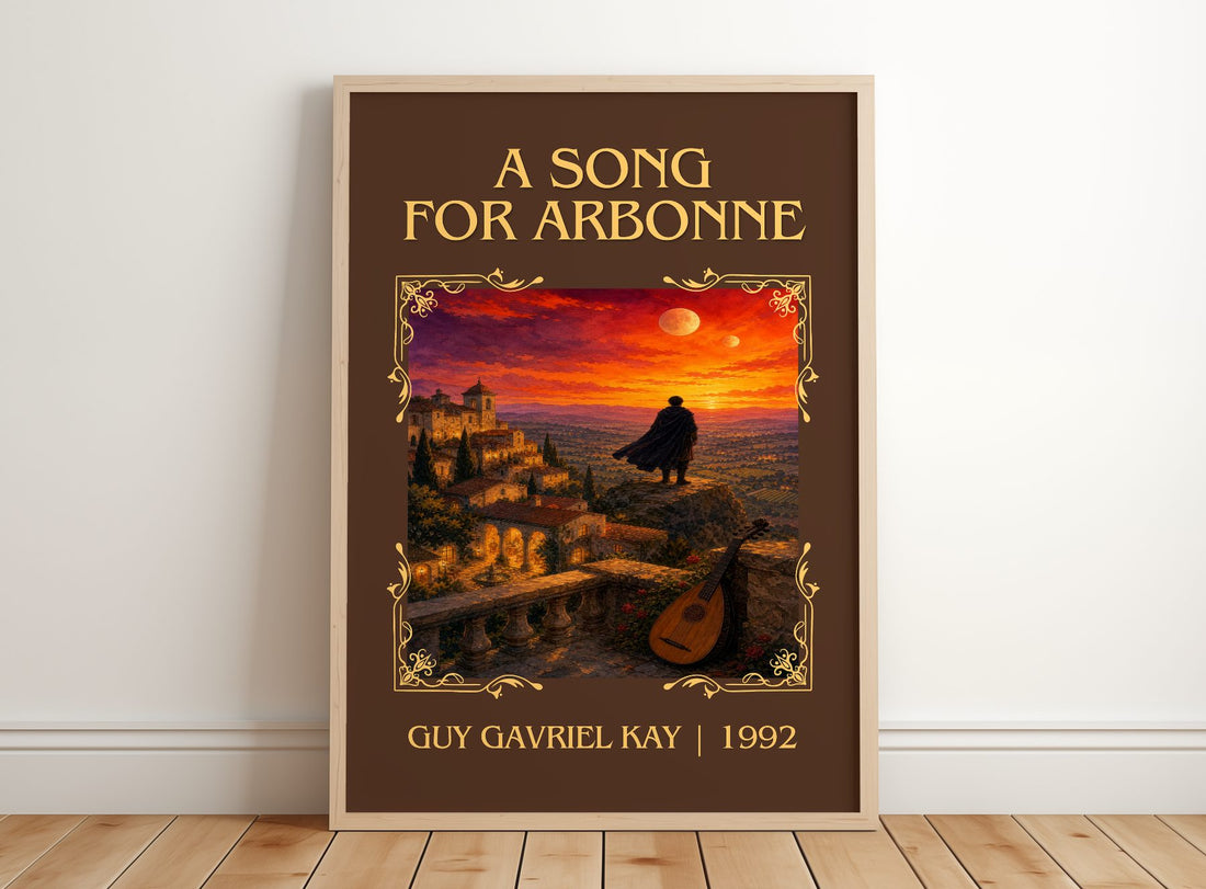 A Song for Arbonne Classic Book Art Print by Guy Gavriel Kay – framed print leaning on a wooden floor