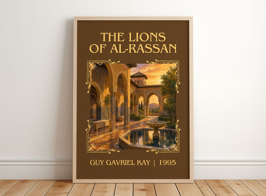 The Lions of Al-Rassan Classic Book Art Print by Guy Gavriel Kay – framed print leaning on a wooden floor