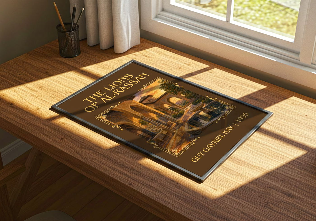 The Lions of Al-Rassan Classic Book Art Print by Guy Gavriel Kay – print on a sunlit desk