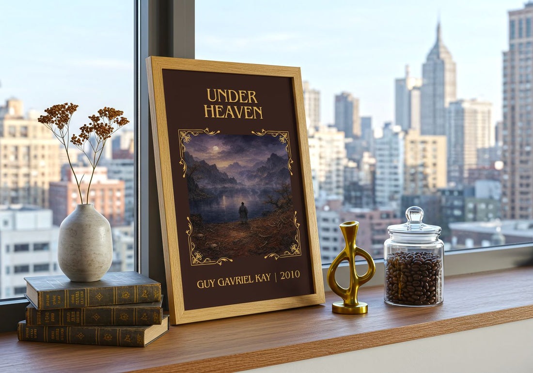 Under Heaven Classic Book Art Print by Guy Gavriel Kay – framed print on a city-view windowsill