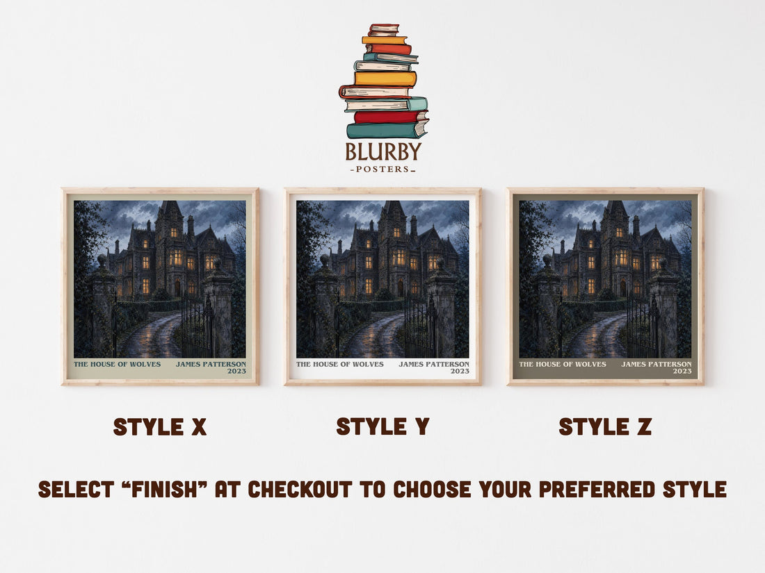 The House Of Wolves literary print in frame leaning in hallway – thriller wall art (mockup)