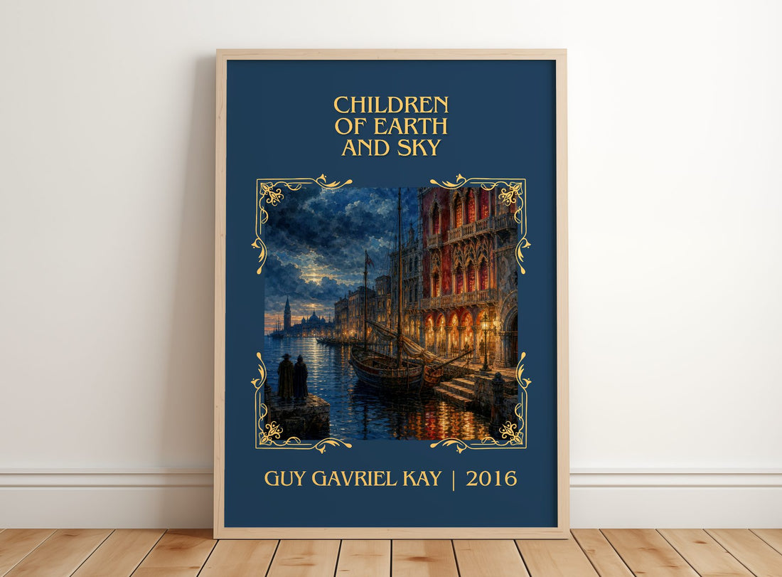 Children of Earth and Sky Classic Book Art Print by Guy Gavriel Kay – framed print leaning on a wooden floor