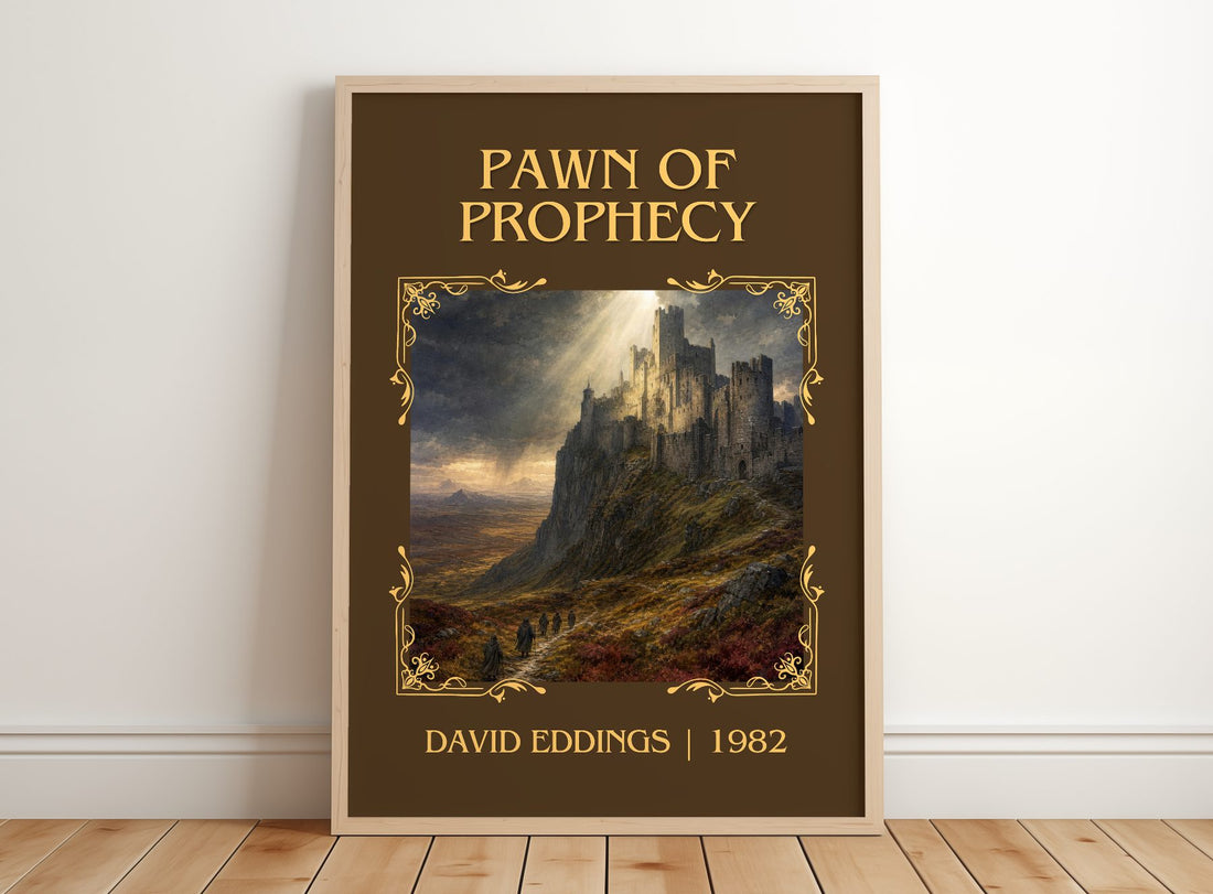Pawn of Prophecy Classic Book Art Print by David Eddings – framed print leaning on a wooden floor