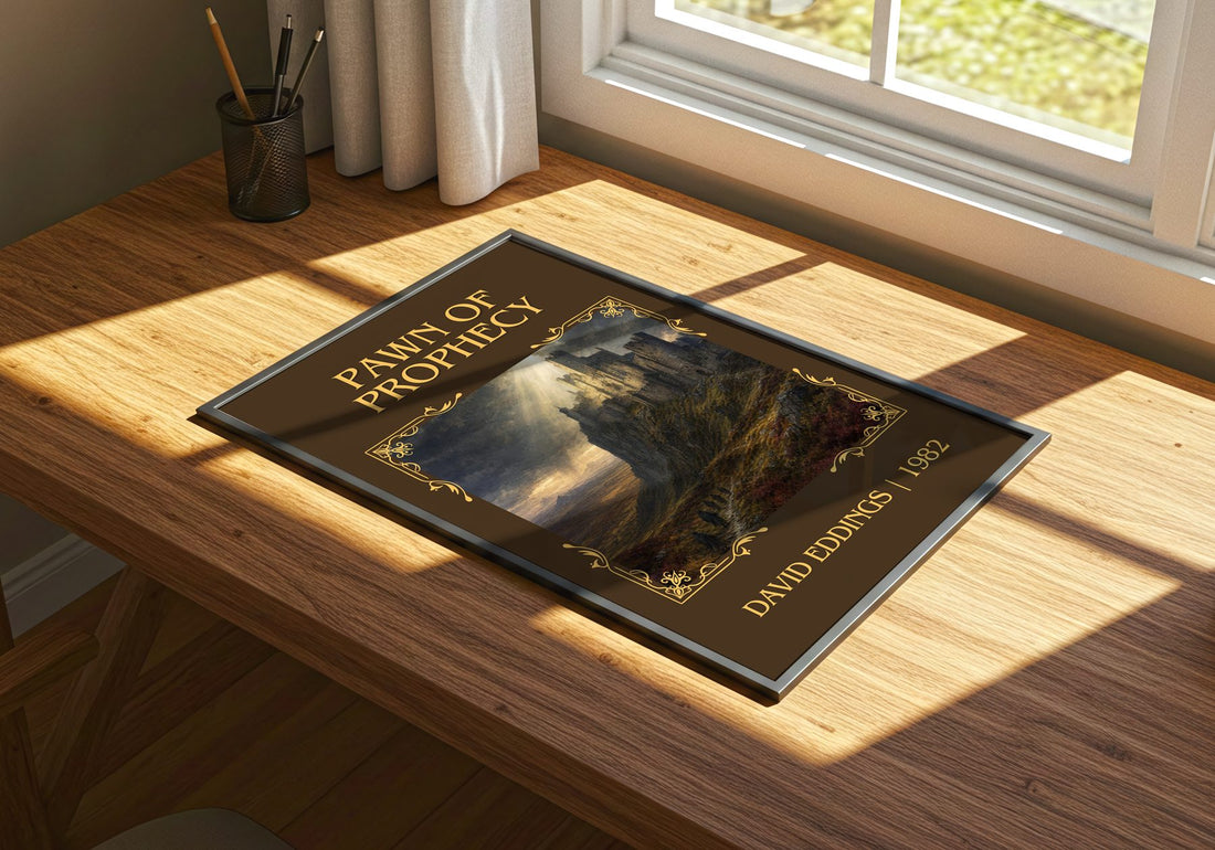 Pawn of Prophecy Classic Book Art Print by David Eddings – print on a sunlit desk