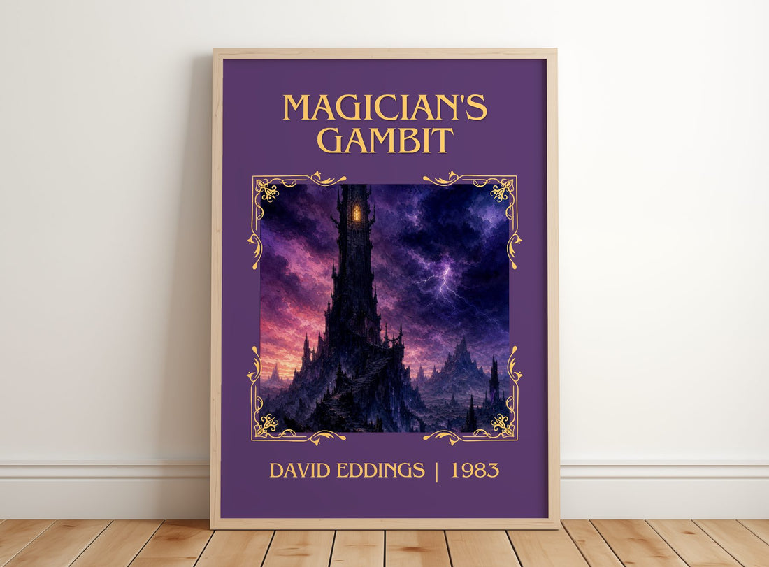Magician's Gambit Classic Book Art Print by David Eddings – framed print leaning on a wooden floor