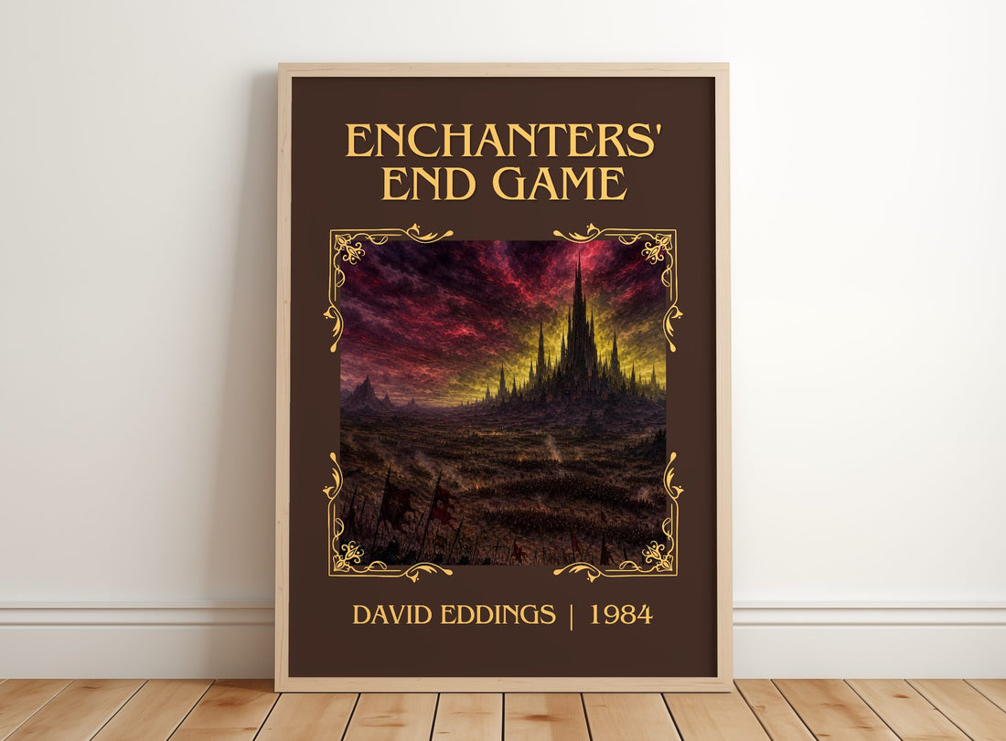 Enchanters' End Game Classic Book Art Print by David Eddings – framed print leaning on a wooden floor