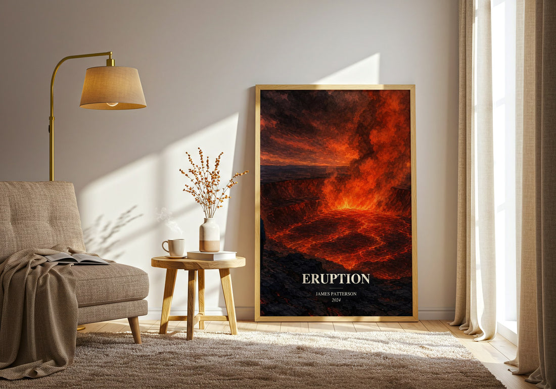 Eruption watercolour print in frame leaning in hallway – thriller wall art (mockup)