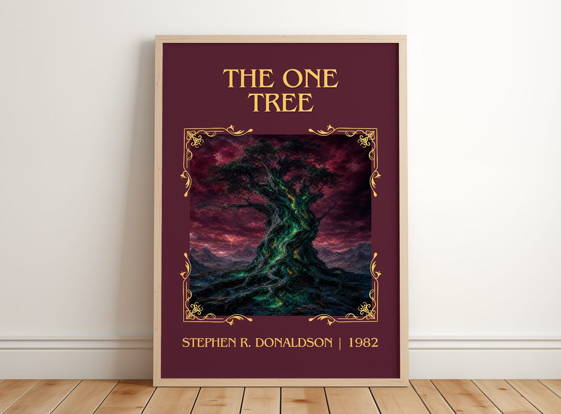 The One Tree Classic Book Art Print by Stephen R. Donaldson – framed print leaning on a wooden floor