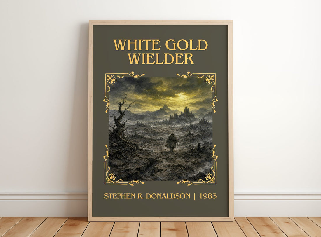 White Gold Wielder Classic Book Art Print by Stephen R. Donaldson – framed print leaning on a wooden floor
